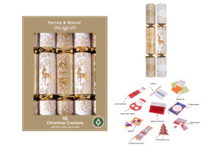 Harvey & Mason - 10 Large Christmas Cracker - Gold & White - Reindeer