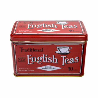 New English Teas - English Breakfast Tea 16 x 40 Tea Bags - Berry Red Traditional Vintage Tin