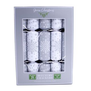 Green Christmas - 12 x 10 Large Luxury Eco Christmas Crackers - Silver & White - Snowflakes