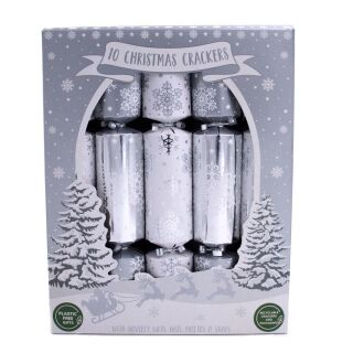 12 x 10 Family Eco Christmas Crackers - Silver & White - Snowflakes