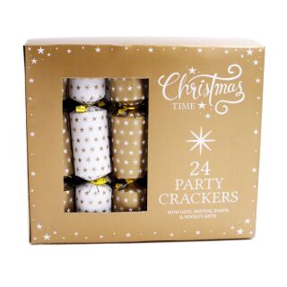 Christmas Time - 6 x 24 Party Crackers - Gold & White - Stars