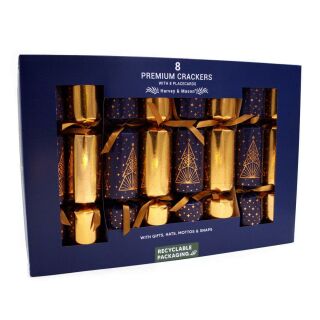 Harvey & Mason - 8 x 8 Extra Large Premium Christmas Crackers - Dark Blue & Copper - Midnight Tree