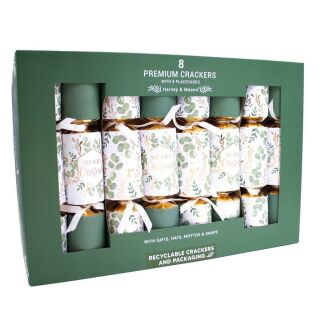 Harvey & Mason - 8 x 8 Extra Large Premium Eco Christmas Crackers - White & Green - Merry Christmas