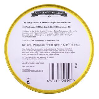 New English Teas - English Breakfast Tea 240 Tea Bags - Song Thrush and Berries Tin - Teal