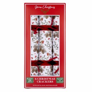Green Christmas - 12 x 6 Large Eco Christmas Crackers - Red & White - Robin & Pinecone