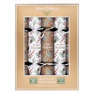 Green Christmas - 12 x 10 Large Luxury Eco Christmas Crackers - Brown & White - Merry Christmas
