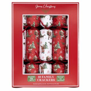 Green Christmas - 12 x 10 Family Eco Christmas Crackers - Red & White - Santa
