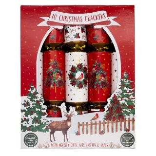 10 Family Eco Christmas Crackers - Red & White - Tree & Wreath