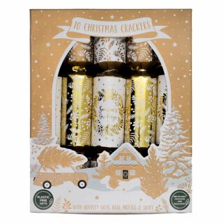 12 x 10 Family Eco Christmas Crackers - Gold & White - Season's Greetings Wreath