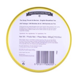 New English Teas - English Breakfast Tea 240 Tea Bags - Song Thrush and Berries Tin - Pink