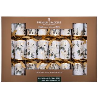 Harvey & Mason - 8 Premium Christmas Crackers - White & Gold - Winter Floral